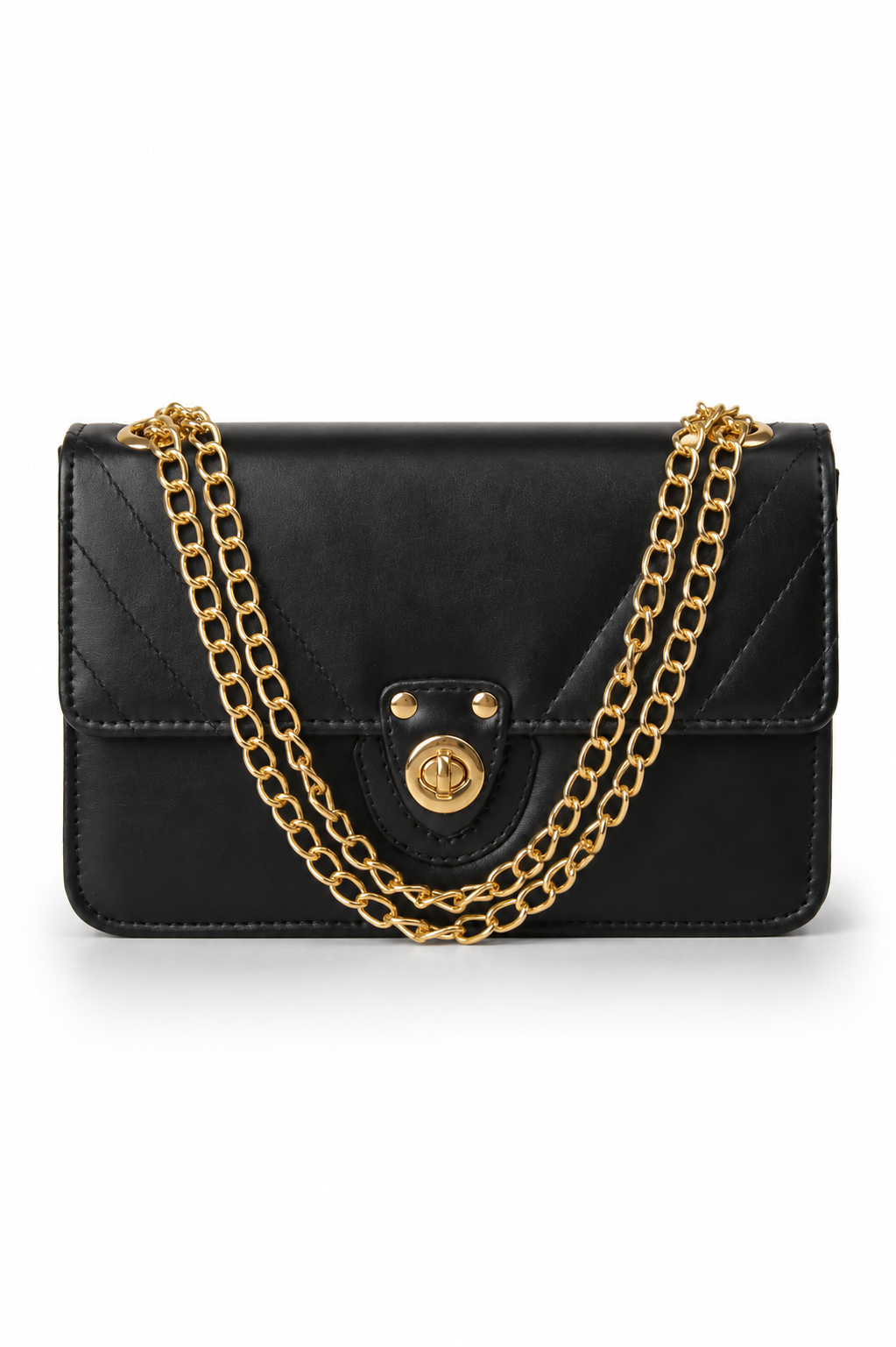 Vogue black handbag with gold chain, front view