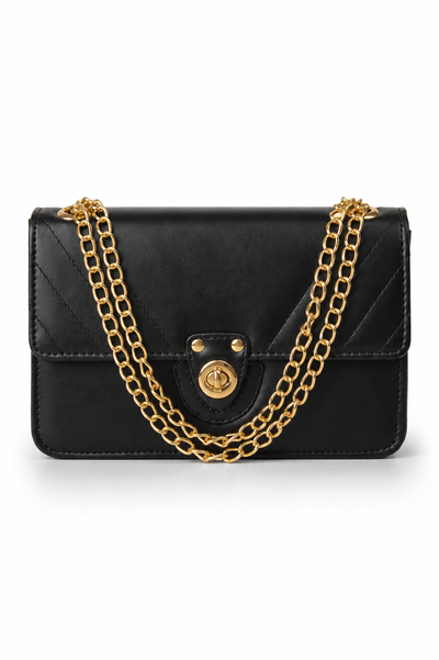 Vogue black handbag with gold chain, front view