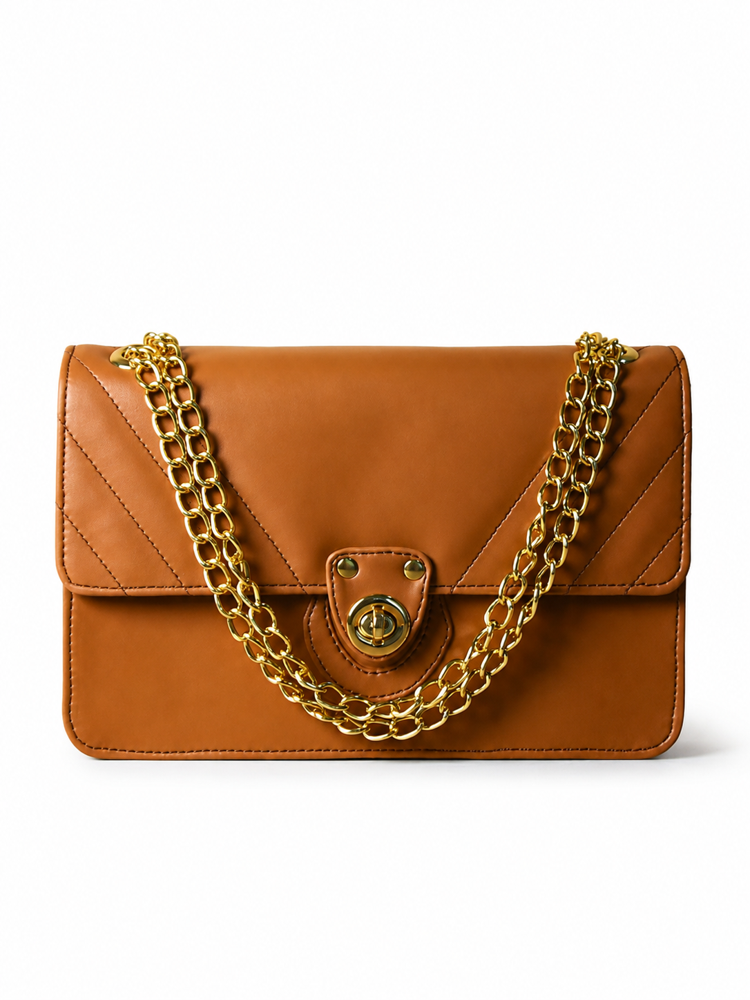 Vogue brown handbag with gold chain, front view