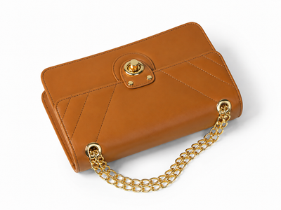 Vogue brown handbag with flap open, top view